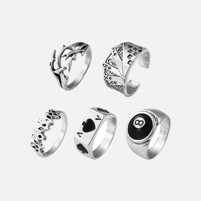 5-Piece Y2K Fashion Billiards Casino Rings Set - Retro Aesthetic Jewelry Collection