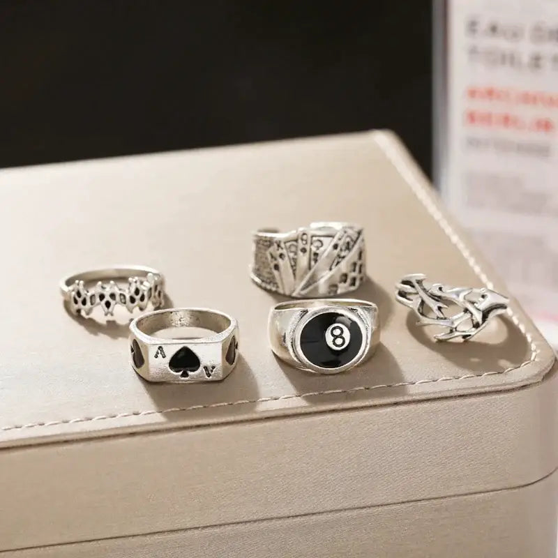 5-Piece Y2K Fashion Billiards Casino Rings Set - Retro Aesthetic Jewelry Collection