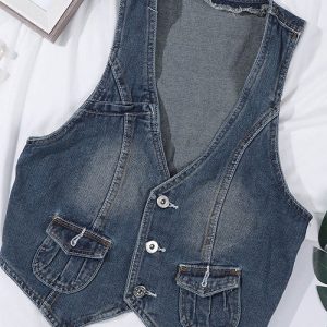 90s Grunge Denim Vest - Vintage Y2K Style for Aesthetic Outfits and Retro Fashion