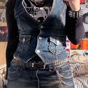 90s Grunge Denim Vest - Vintage Y2K Style for Aesthetic Outfits and Retro Fashion