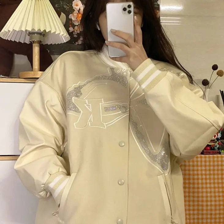 Beige Varsity Jacket with Rhinestones - Y2K Aesthetic Fashion Statement