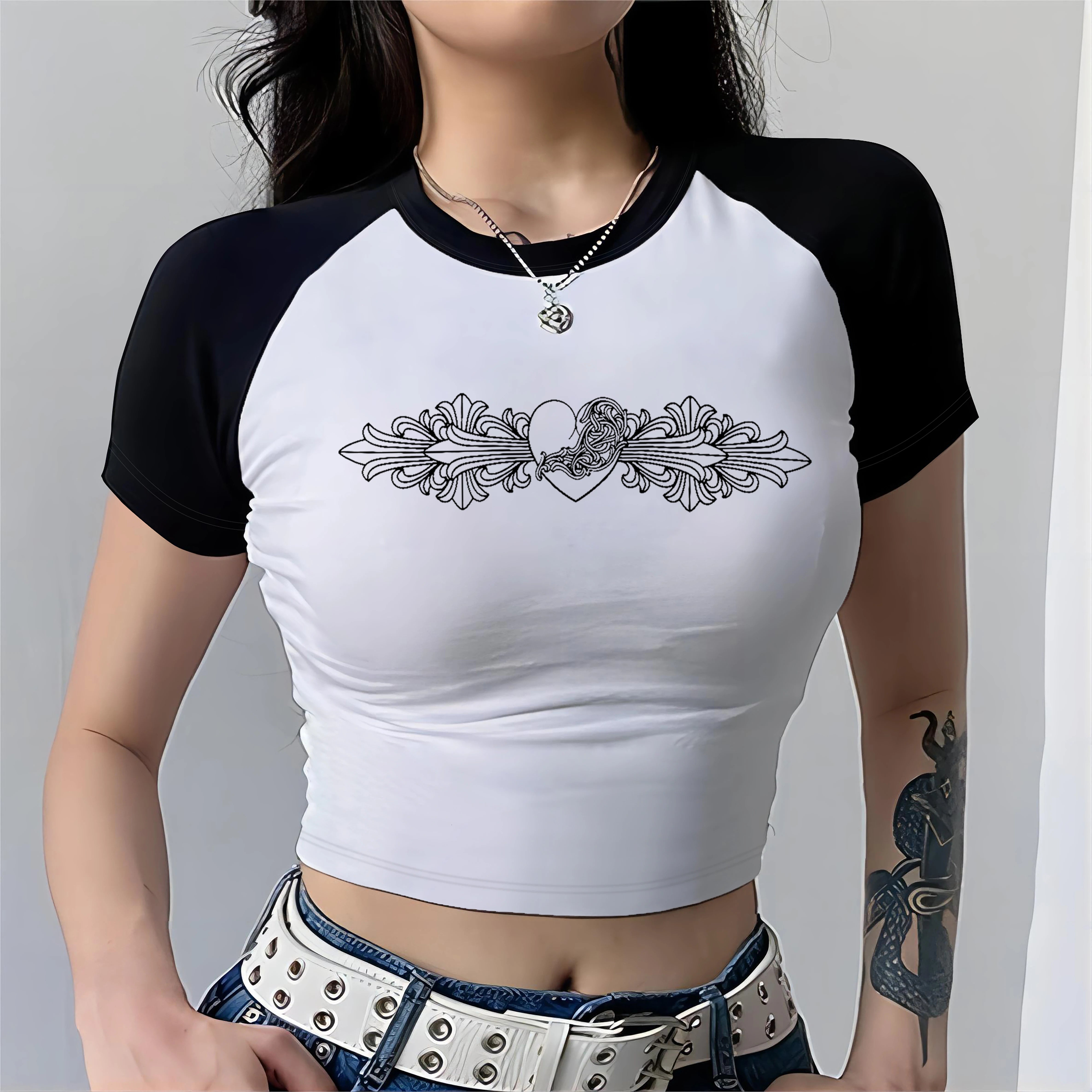 Black & White Y2K Aesthetic Baby Tee - Cute Top for Coquette and Grunge Styles