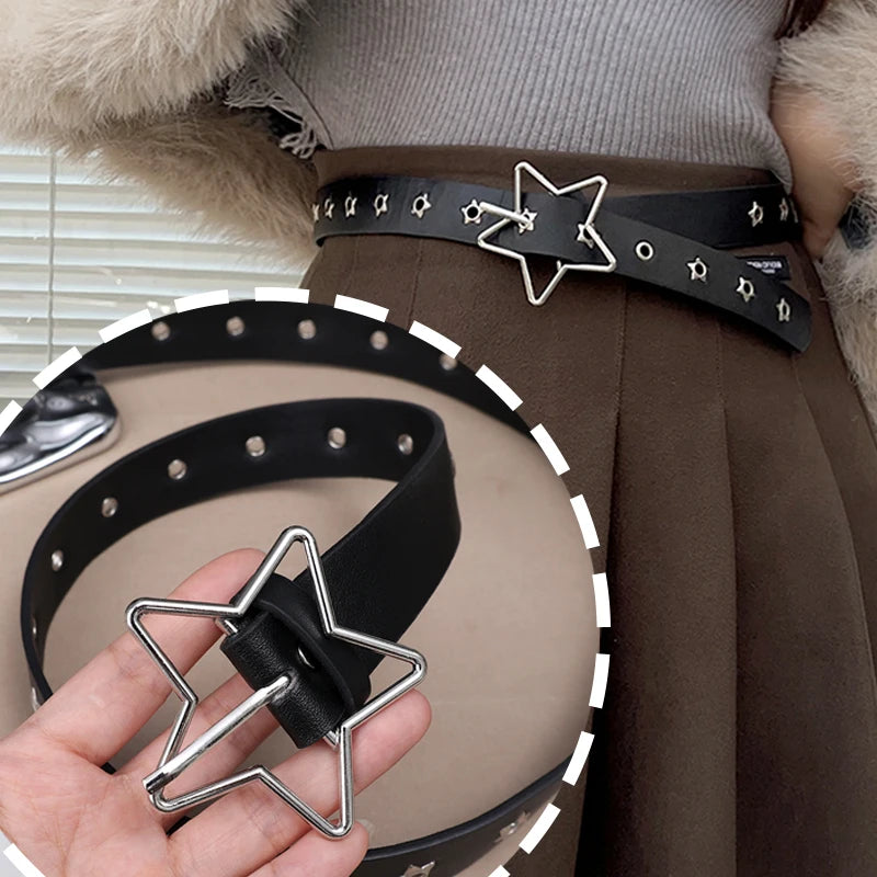 Black Y2K Star Buckle Belt for Trendy Y2K Aesthetic Outfits and Grunge Style Looks