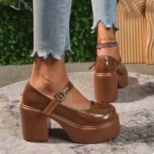 Brown Chunky Y2K Heels for Retro Aesthetic Outfits and Grunge Style Looks