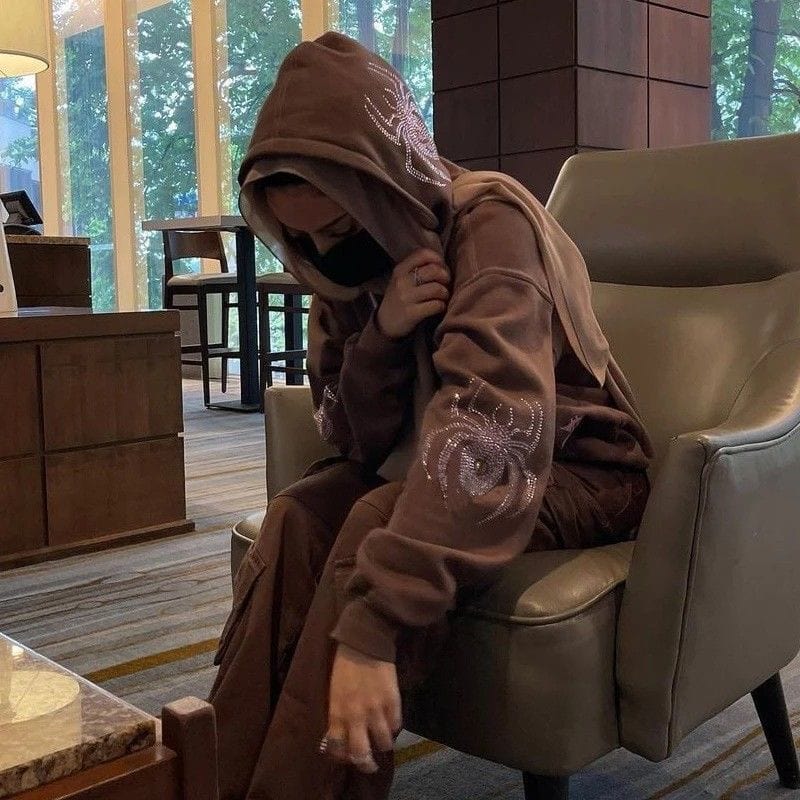 Brown Rhinestone Y2K Zip Up Hoodie - Trendy Grunge Aesthetic Layering Piece for Y2K Fashion