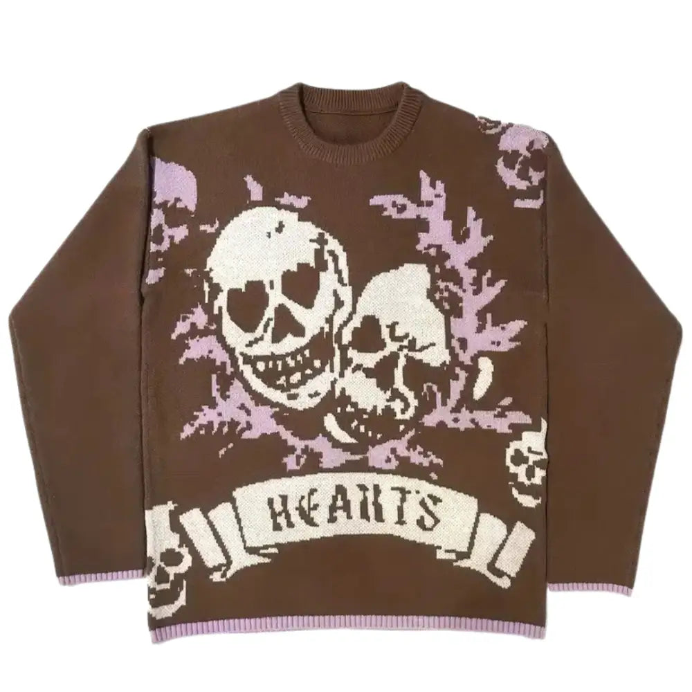 Brown Y2K Skeleton Hearts 400gsm Sweater - Cozy Grunge Aesthetic Top for Stylish Outfits