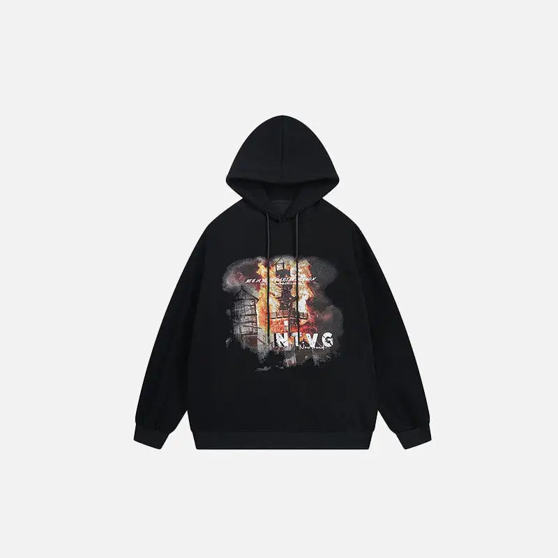 Burning Building Graphic Hoodie - Y2K Aesthetic Comfy Streetwear for Trendy Outfits