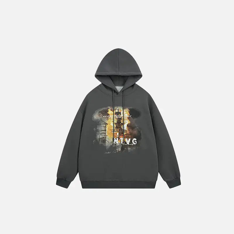 Burning Building Graphic Hoodie - Y2K Aesthetic Comfy Streetwear for Trendy Outfits