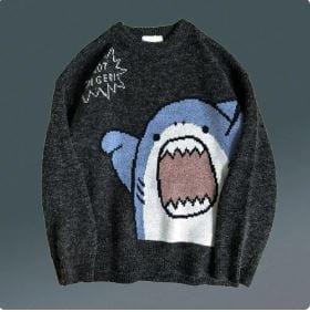 Cartoon Shark Y2K Aesthetic Sweater - Cute and Comfy for Y2K Fashion Lovers