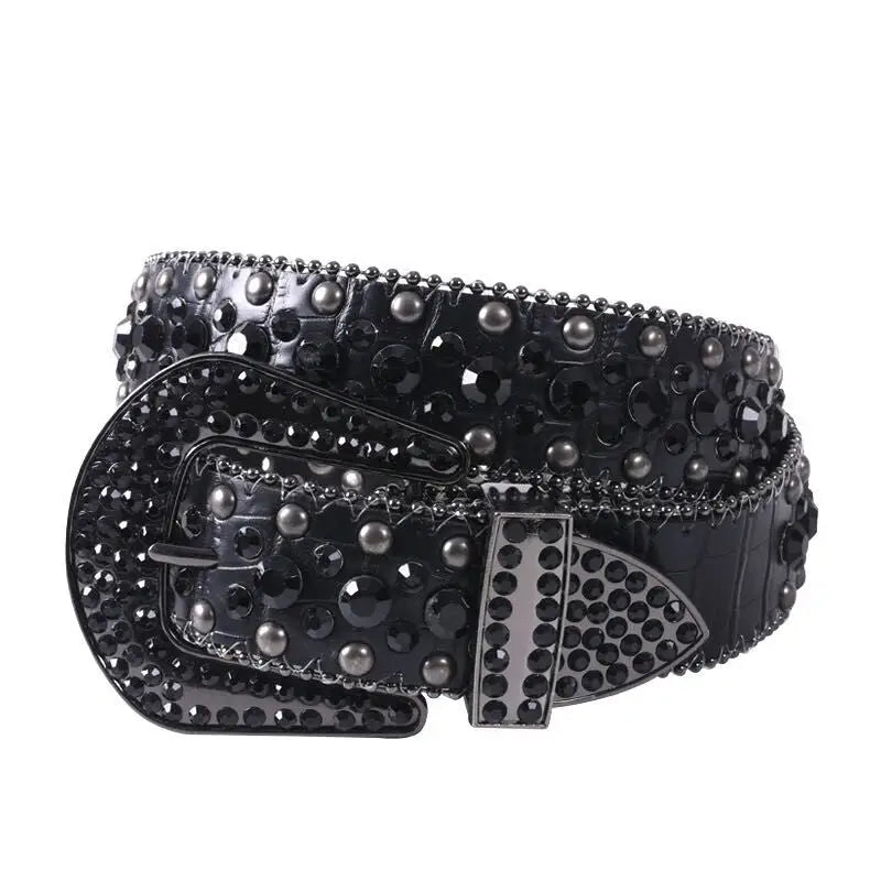 Ceinture Y2K en cuir noir à strass et clous pour un look grunge et coquette chic