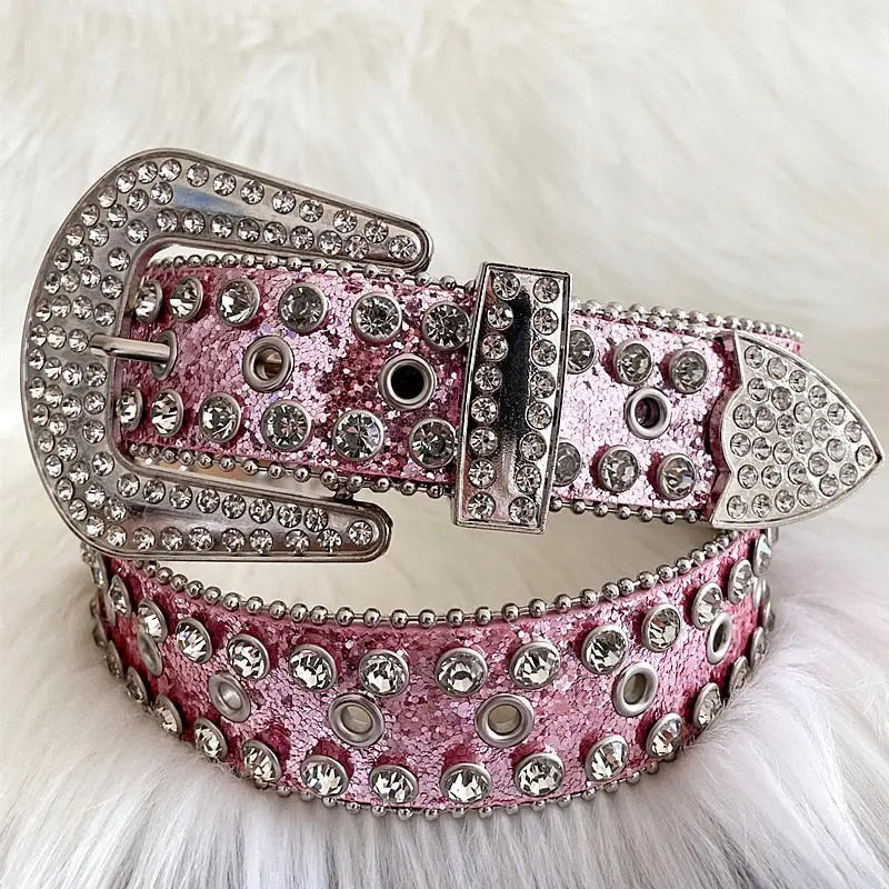 Ceinture Y2K en cuir rose avec strass pour un look audacieux et tendance coquette