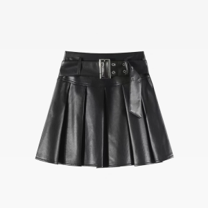 Chic Leather Pleated Skirt for Y2K Aesthetic and Grunge Style Outfits