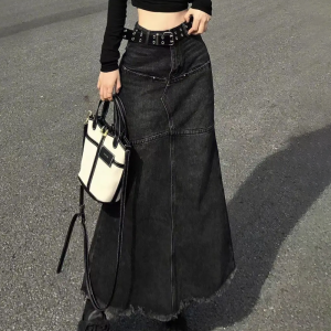 Chic Long Black Denim Skirt - Y2K Aesthetic Essential for Grunge and Coquette Styles