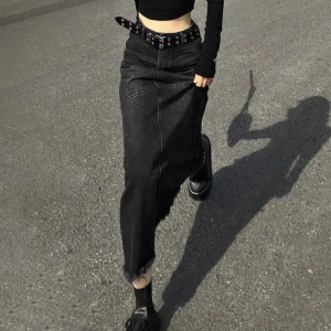 Chic Long Black Denim Skirt - Y2K Aesthetic Essential for Grunge and Coquette Styles