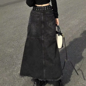 Chic Long Black Denim Skirt - Y2K Aesthetic Essential for Grunge and Coquette Styles