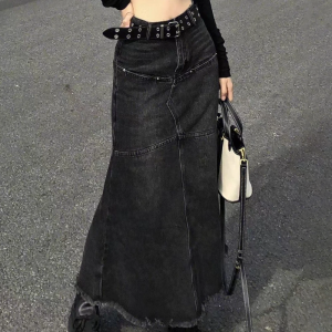 Chic Long Black Denim Skirt - Y2K Aesthetic Essential for Grunge and Coquette Styles