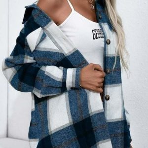 Chic Long Sleeve Y2K Plaid Jacket for Trendy Coquette and Grunge Aesthetic Outfits