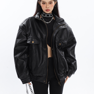 Chic Oversized Leather Jacket for Women - Y2K Grunge Style Essential Outerwear