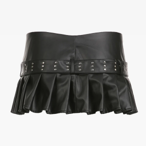 Chic Pleated Leather Mini Skirt for Y2K Aesthetic and Grunge Style Outfits