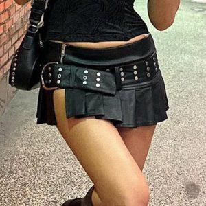 Chic Pleated Leather Mini Skirt for Y2K Aesthetic and Grunge Style Outfits