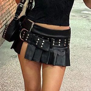 Chic Pleated Leather Mini Skirt for Y2K Aesthetic and Grunge Style Outfits