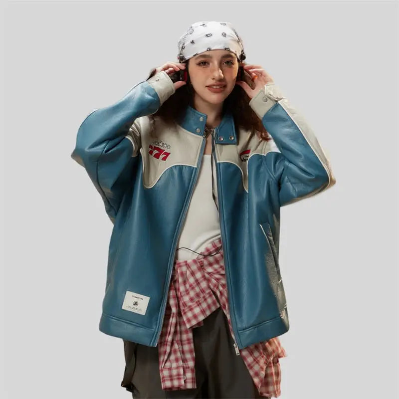 Color Block Leather Varsity Jacket - Y2K Aesthetic Fashion Statement Piece