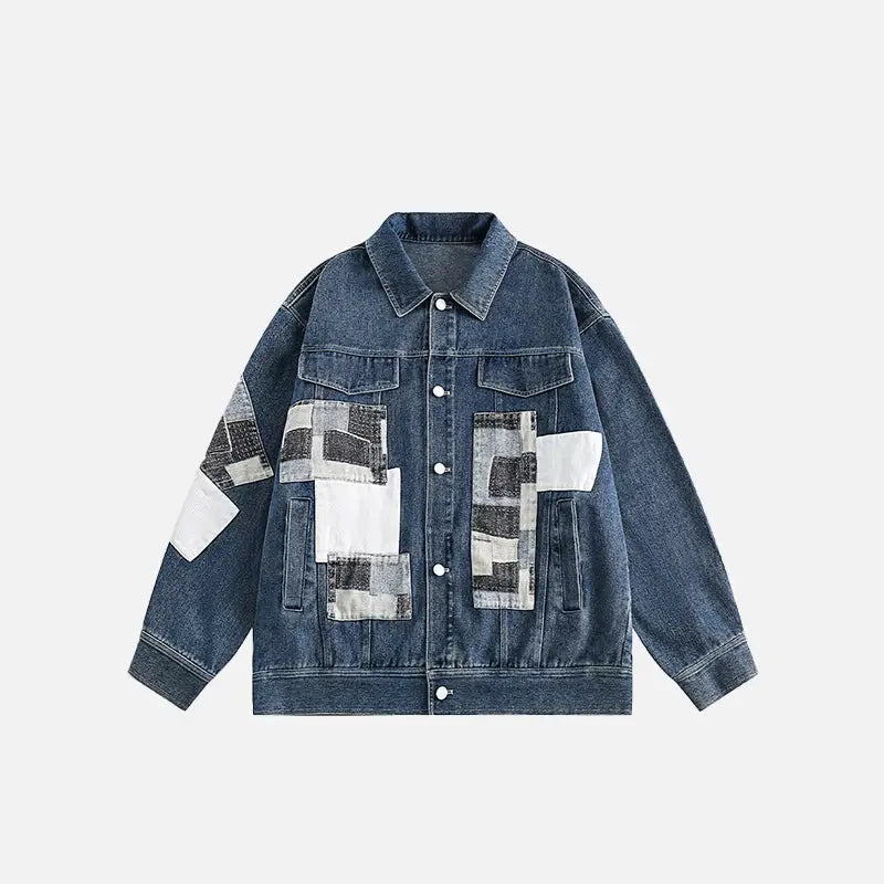 Color Block Patches Denim Jacket - Y2K Aesthetic Grunge Style for Trendy Outfits