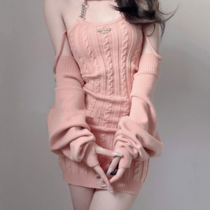 Coquette Aesthetic Cable Knit Mini Dress - Y2K Fashion for Cute and Comfy Outfits