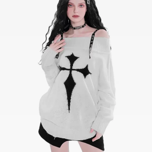 Coquette Aesthetic Cross Knitted Sweater - Y2K Fashion Cute Top for Cozy Style