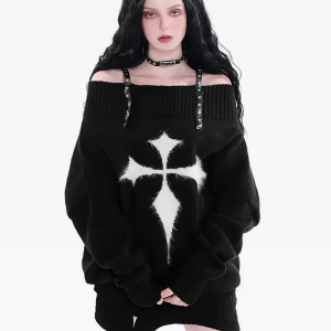 Coquette Aesthetic Cross Knitted Sweater - Y2K Fashion Cute Top for Cozy Style