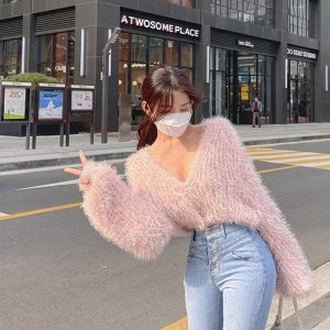 Coquette Aesthetic Fluffy Pink Sweater - Y2K Fashion Cute Top for Cozy Style