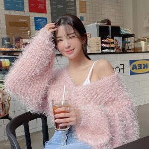 Coquette Aesthetic Fluffy Pink Sweater - Y2K Fashion Cute Top for Cozy Style