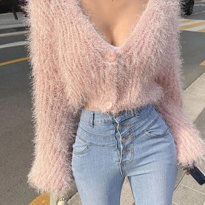 Coquette Aesthetic Fluffy Pink Sweater - Y2K Fashion Cute Top for Cozy Style