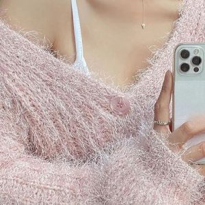 Coquette Aesthetic Fluffy Pink Sweater - Y2K Fashion Cute Top for Cozy Style