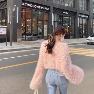 Coquette Aesthetic Fluffy Pink Sweater - Y2K Fashion Cute Top for Cozy Style