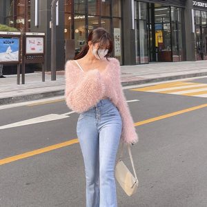 Coquette Aesthetic Fluffy Pink Sweater - Y2K Fashion Cute Top for Cozy Style