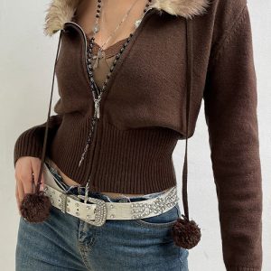 Coquette Y2K Fluffy Cardigan for Comfy Aesthetic Outfits and Cozy Layering