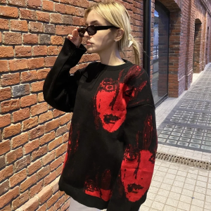 Cozy Black and Red Y2K Sweater for Grunge Aesthetic and Vintage Style Lovers