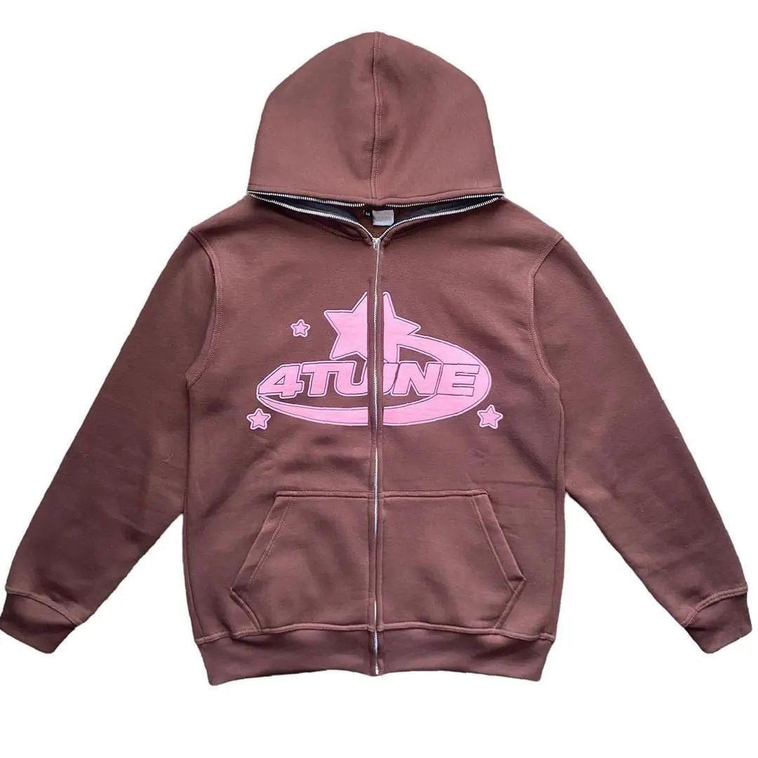 Cozy Brown Y2K Full Zip Hoodie for Vintage Aesthetic Lovers and Comfy Outfits