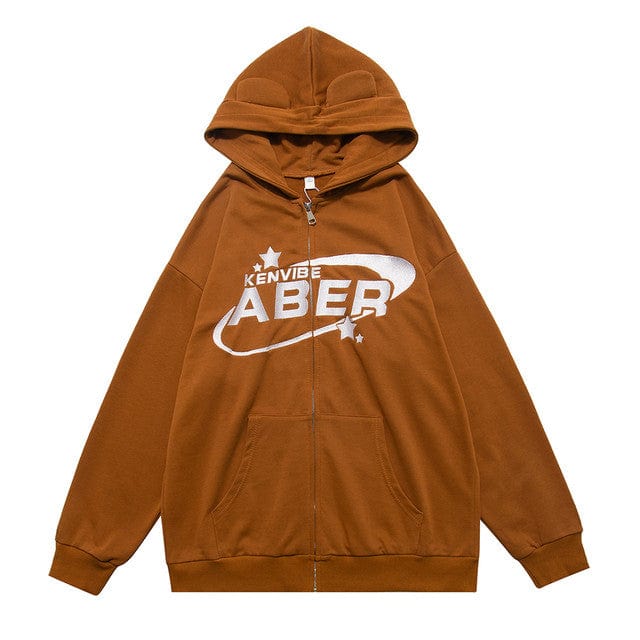 Cozy Brown Y2K Zip-Up Hoodie for Trendy Grunge and Coquette Aesthetic Outfits