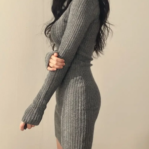 Cozy Gray Sweater Dress for Y2K Aesthetic, Perfect for Fall and Layering Outfits