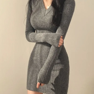 Cozy Gray Sweater Dress for Y2K Aesthetic, Perfect for Fall and Layering Outfits