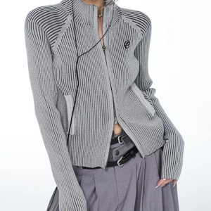 Cozy Grey Zip-Up Cardigan for Y2K Fashion Lovers - Perfect for Aesthetic Outfits