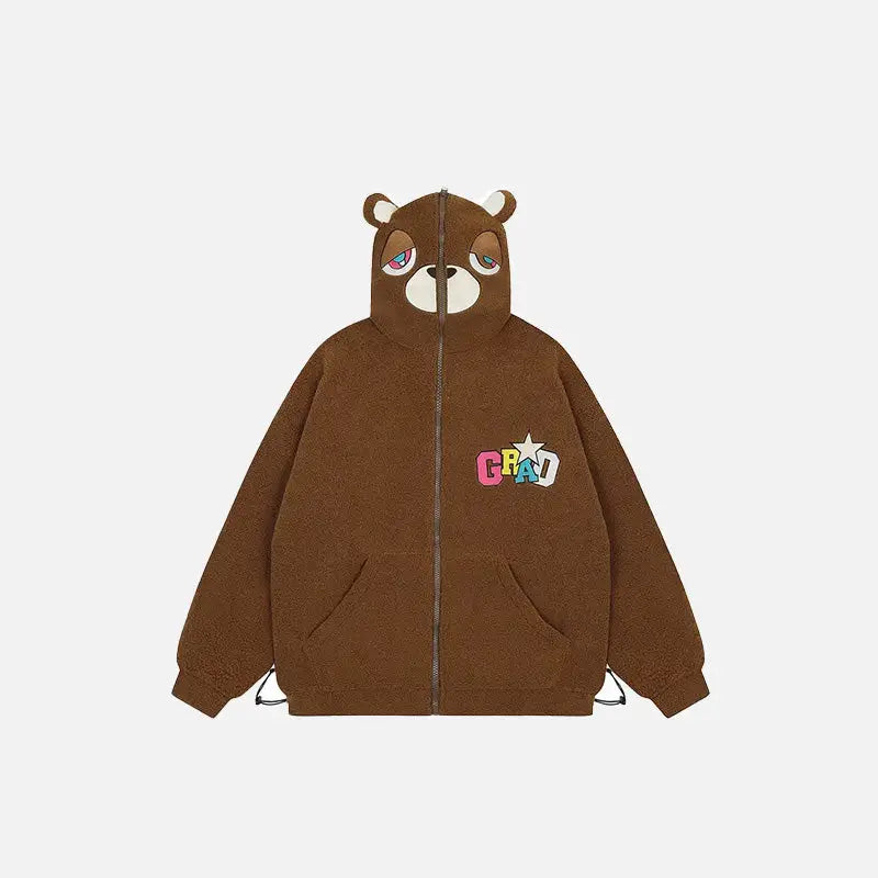 Cozy Loose Sleepy Bear Ears Fleece Jacket in Y2K Aesthetic Style