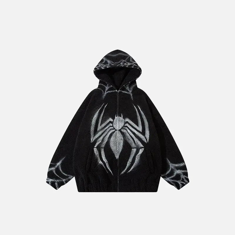 Cozy Y2K Spider Fleece Zip-Up Jacket for a Trendy Grunge Aesthetic Look