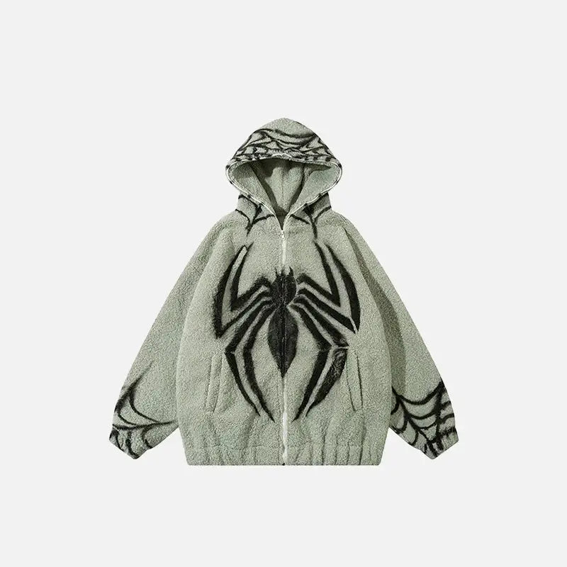 Cozy Y2K Spider Fleece Zip-Up Jacket for a Trendy Grunge Aesthetic Look