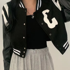 Cropped Varsity Jacket in Y2K Style - Trendy Grunge Aesthetic Outerwear for Chic Looks