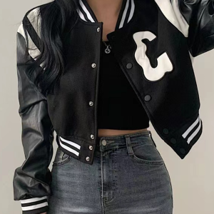 Cropped Varsity Jacket in Y2K Style - Trendy Grunge Aesthetic Outerwear for Chic Looks