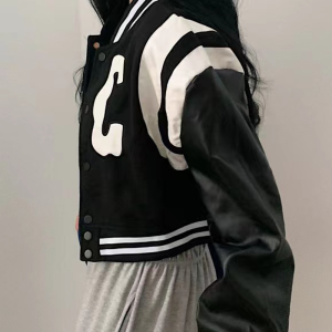 Cropped Varsity Jacket in Y2K Style - Trendy Grunge Aesthetic Outerwear for Chic Looks