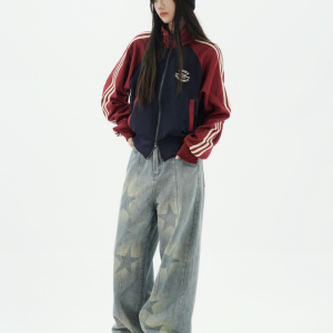 Cropped Y2K Track Jacket in Grunge Aesthetic - Trendy Comfy Layer for Stylish Outfits